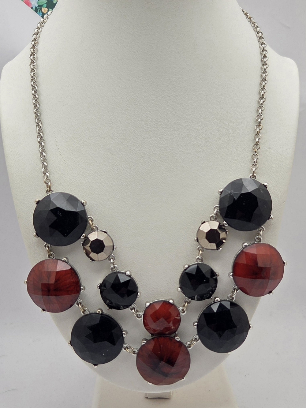Erica Lyon Statement Necklace Black Red Swirled Resin Faceted Bib Silver Tone